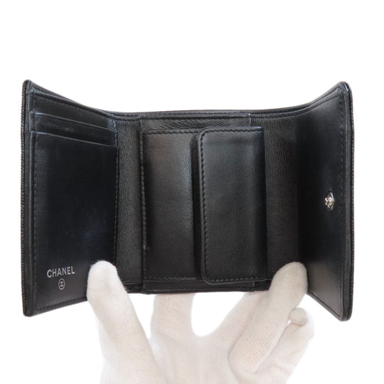 CHANEL Bifold Wallet Caviar skin black Tri-fold Wallet COCO Mark Silver Metal Women Used Authentic
