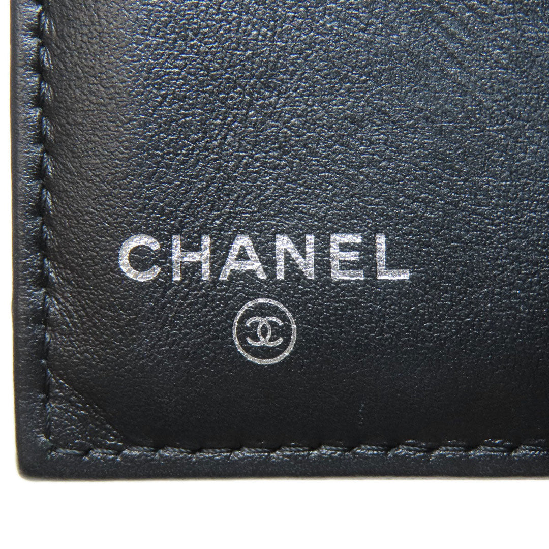CHANEL Bifold Wallet Caviar skin black Tri-fold Wallet COCO Mark Silver Metal Women Used Authentic