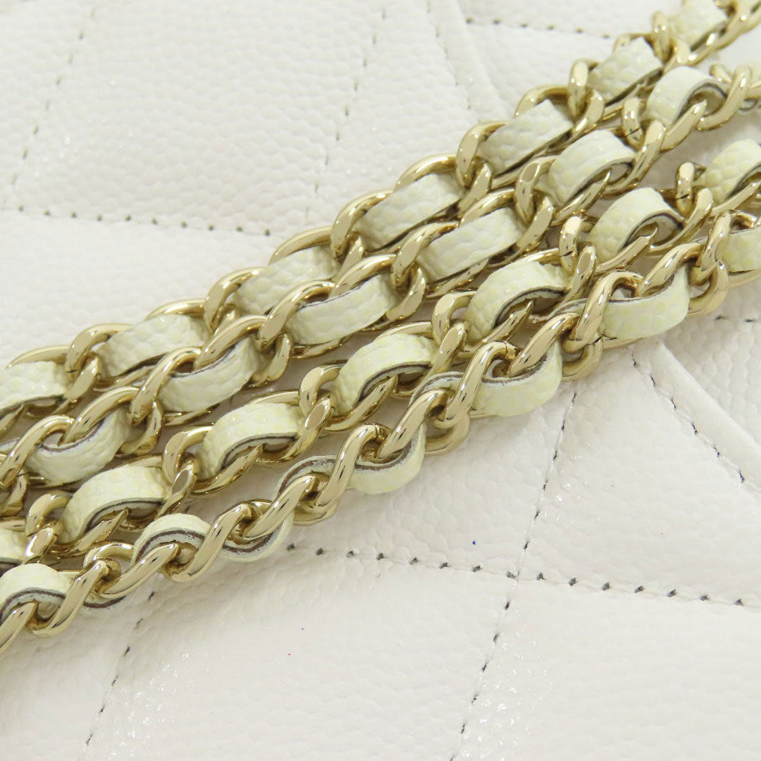 CHANEL Bifold Wallet Caviar skin white Chain Wallet Gold Metal Women Used Authentic