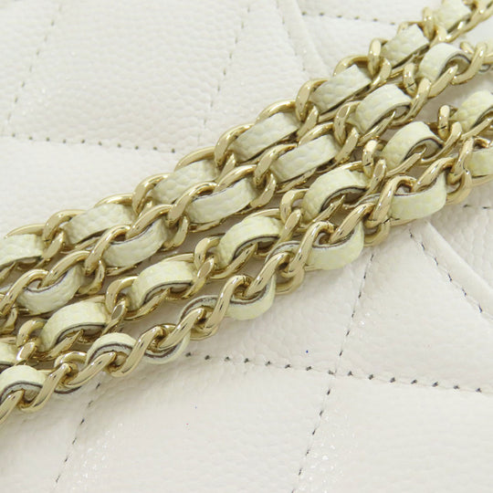 CHANEL Bifold Wallet Caviar skin white Chain Wallet Gold Metal Women Used Authentic
