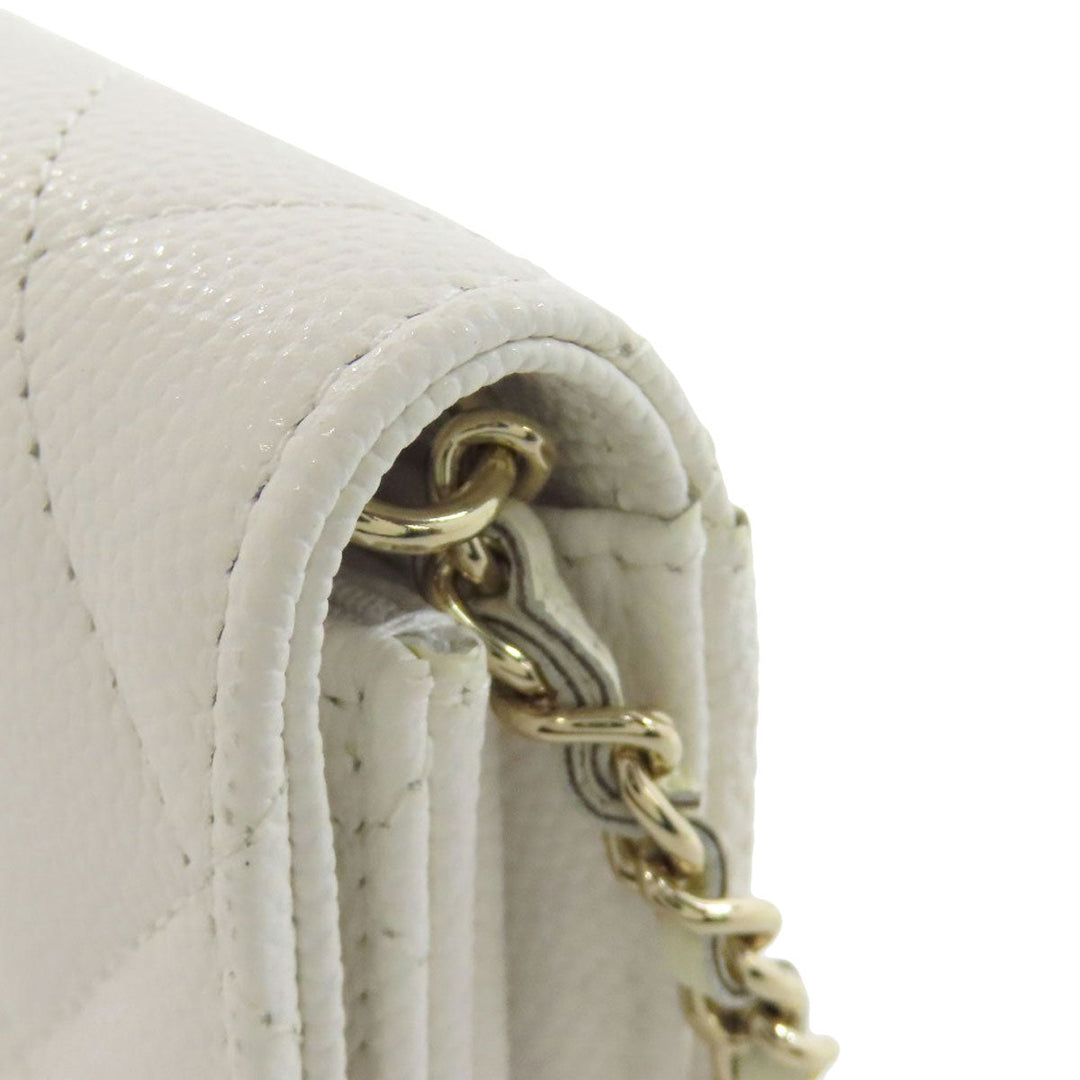 CHANEL Bifold Wallet Caviar skin white Chain Wallet Gold Metal Women Used Authentic
