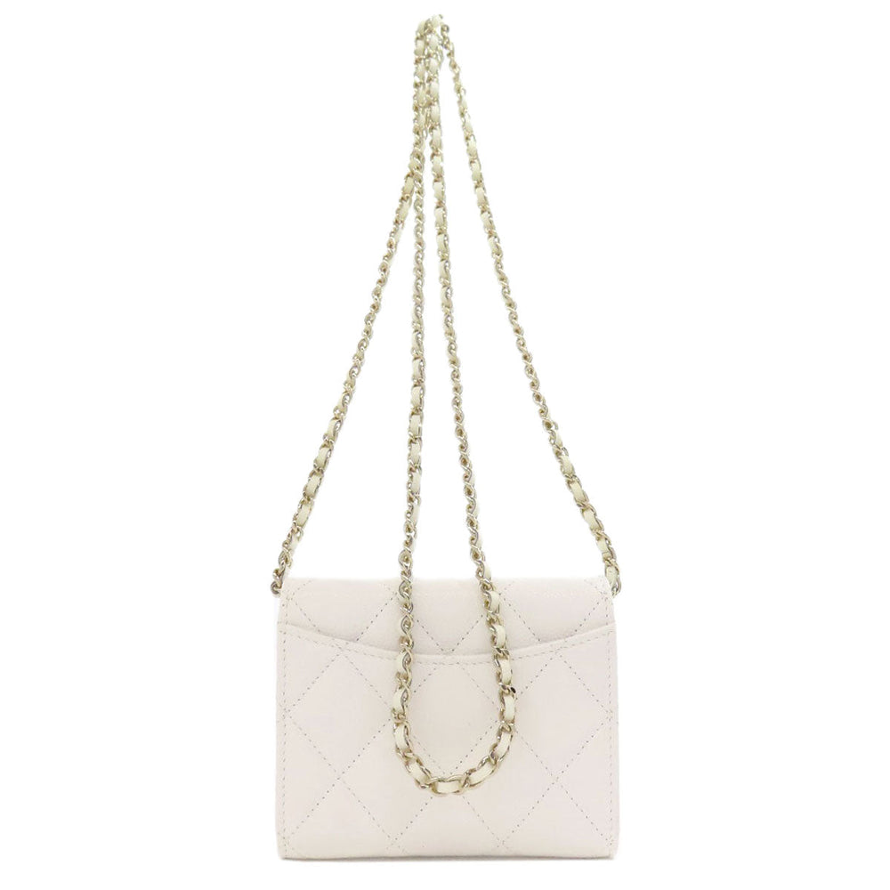 CHANEL Bifold Wallet Caviar skin white Chain Wallet Gold Metal Women Used Authentic