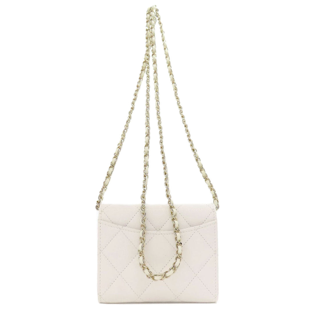 CHANEL Bifold Wallet Caviar skin white Chain Wallet Gold Metal Women Used Authentic