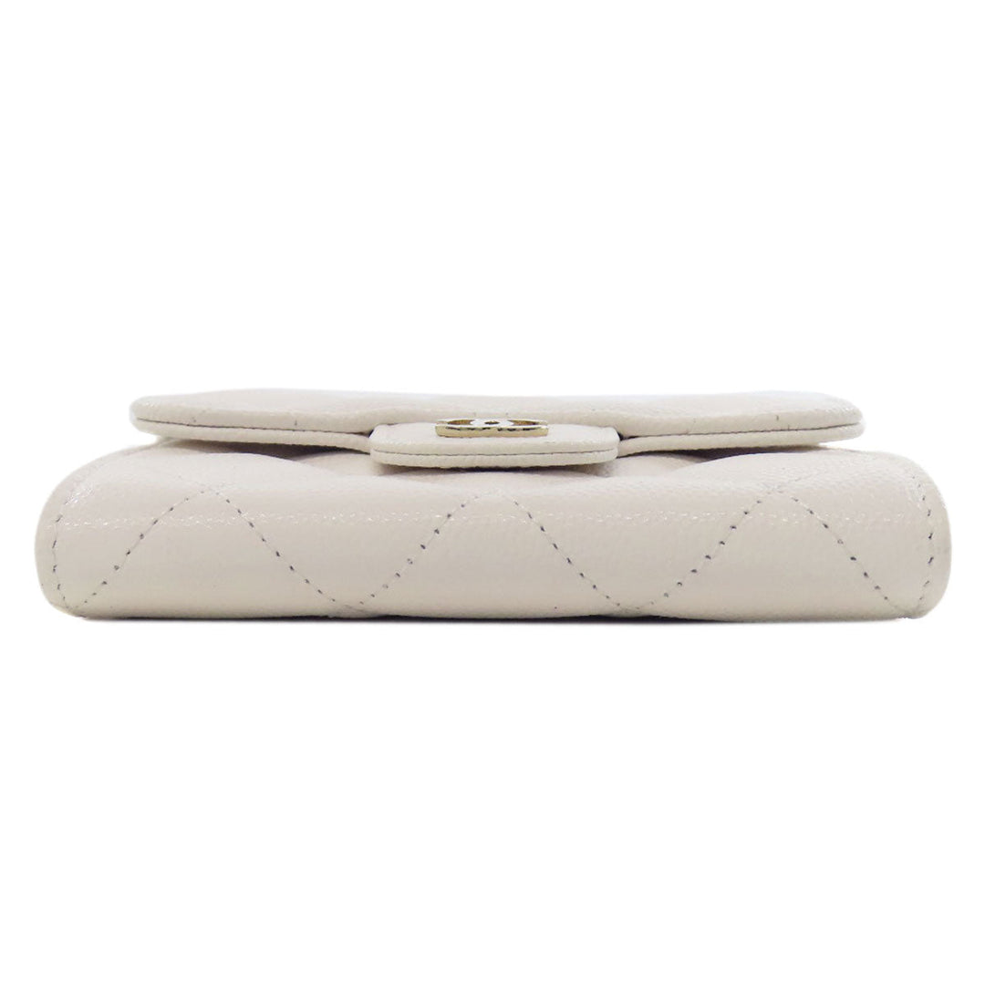 CHANEL Bifold Wallet Caviar skin white Chain Wallet Gold Metal Women Used Authentic