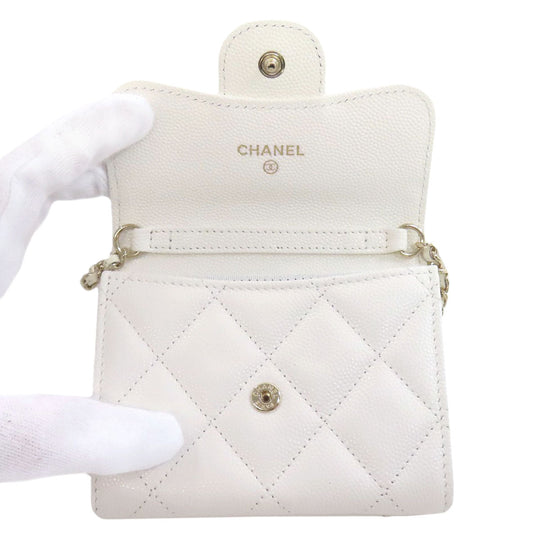 CHANEL Bifold Wallet Caviar skin white Chain Wallet Gold Metal Women Used Authentic