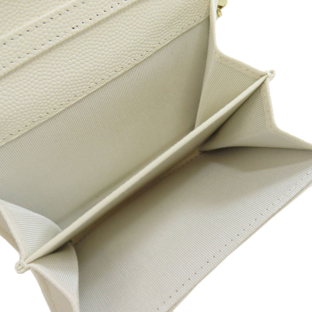 CHANEL Bifold Wallet Caviar skin white Chain Wallet Gold Metal Women Used Authentic