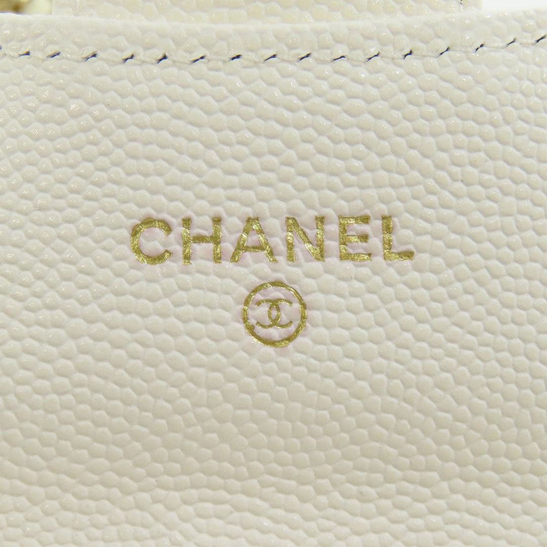 CHANEL Bifold Wallet Caviar skin white Chain Wallet Gold Metal Women Used Authentic