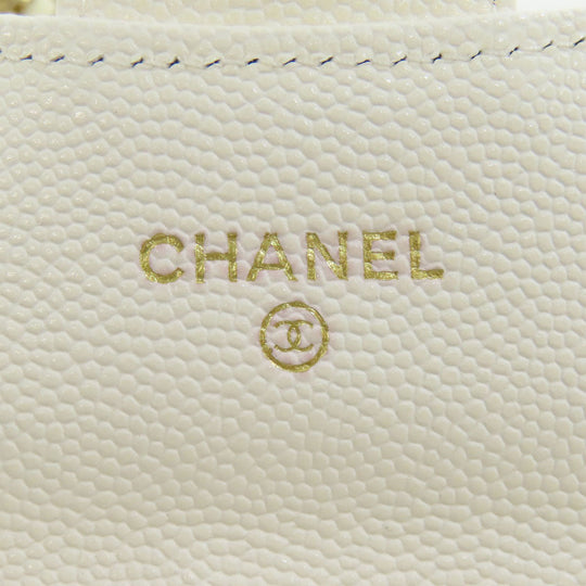 CHANEL Bifold Wallet Caviar skin white Chain Wallet Gold Metal Women Used Authentic