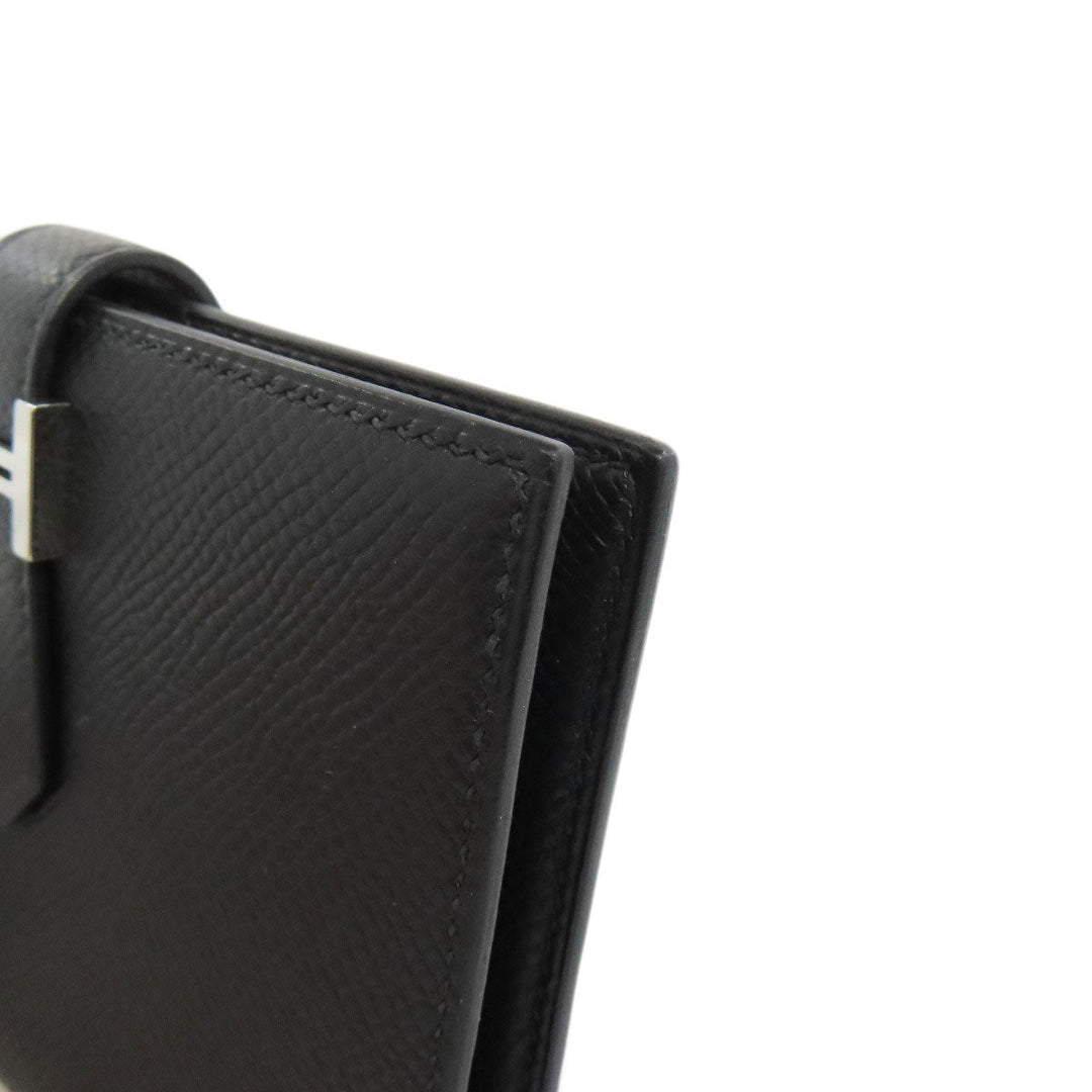 HERMES Bifold Wallet Epsom black Bearn Compact SilverMetal Women Used Authentic