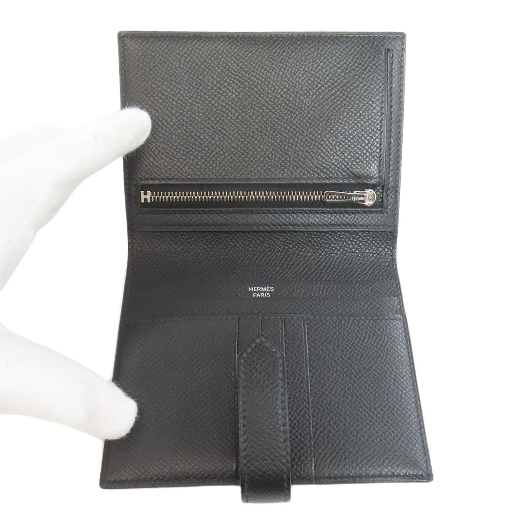 HERMES Bifold Wallet Epsom black Bearn Compact SilverMetal Women Used Authentic