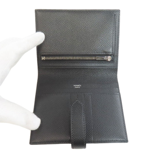 HERMES Bifold Wallet Epsom black Bearn Compact SilverMetal Women Used Authentic