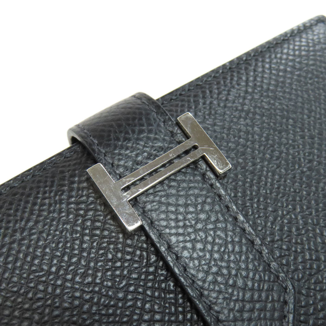 HERMES Bifold Wallet Epsom black Bearn Compact SilverMetal Women Used Authentic