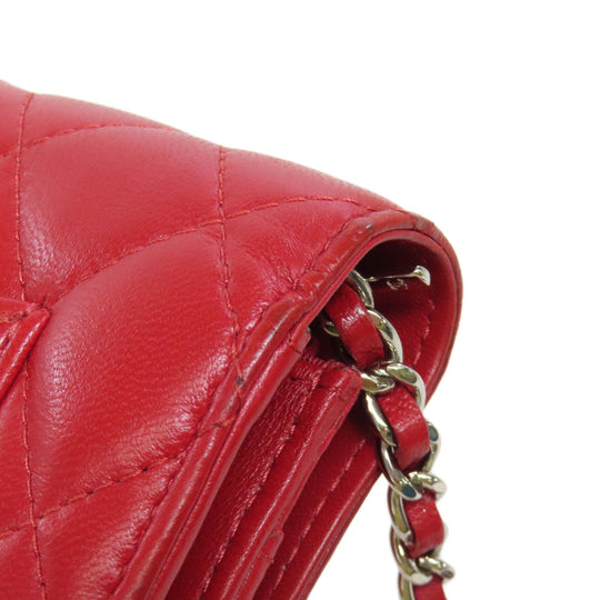 CHANEL Shoulder Bag lambskin Red Chain Wallet COCO Mark SilverMetal Women Used Authentic