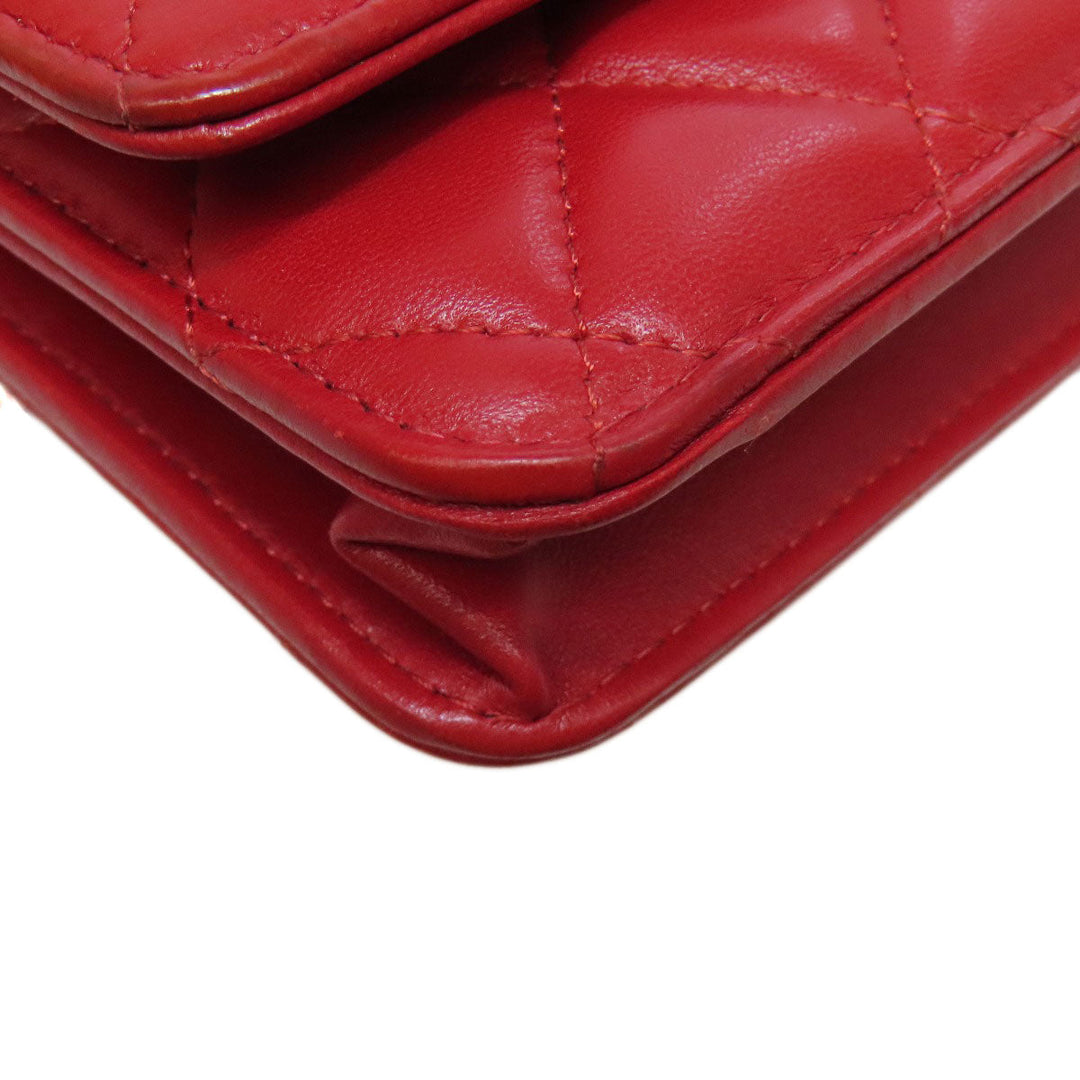 CHANEL Shoulder Bag lambskin Red Chain Wallet COCO Mark SilverMetal Women Used Authentic