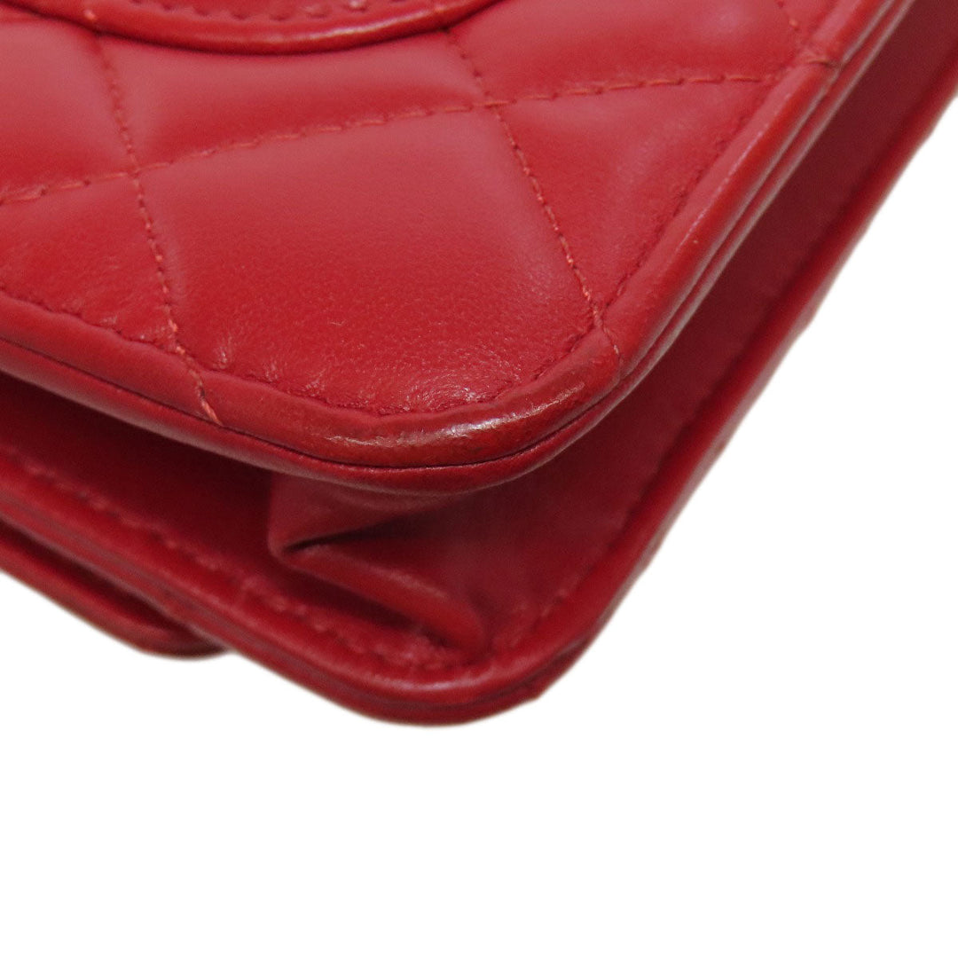 CHANEL Shoulder Bag lambskin Red Chain Wallet COCO Mark SilverMetal Women Used Authentic