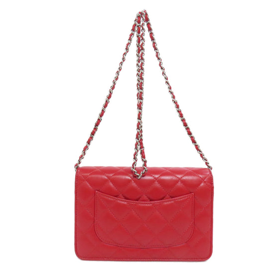 CHANEL Shoulder Bag lambskin Red Chain Wallet COCO Mark SilverMetal Women Used Authentic