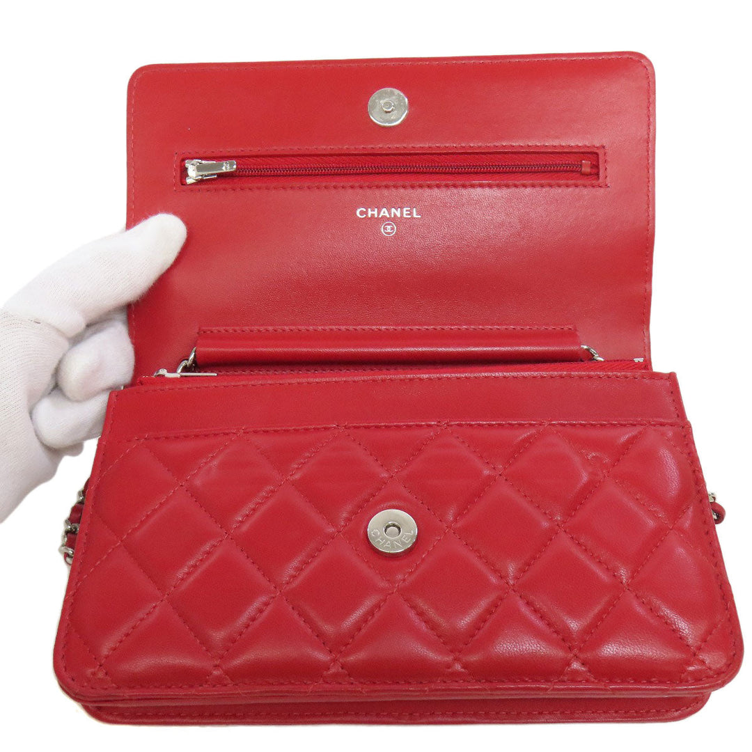 CHANEL Shoulder Bag lambskin Red Chain Wallet COCO Mark SilverMetal Women Used Authentic