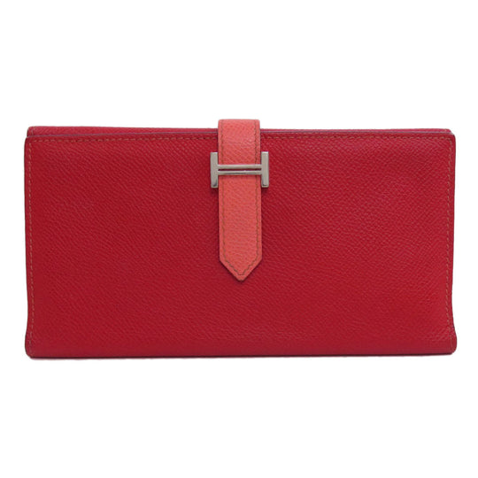 HERMES Long Wallet Purse Epsom Red Bearn 2PLIS SilverMetal Women Used Authentic