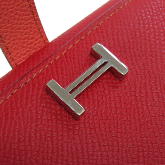 HERMES Long Wallet Purse Epsom Red Bearn 2PLIS SilverMetal Women Used Authentic