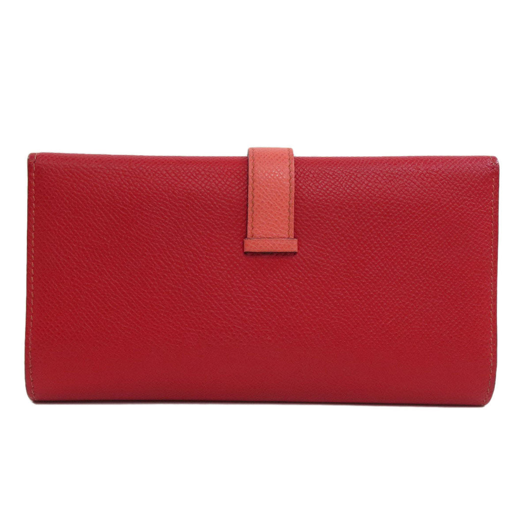 HERMES Long Wallet Purse Epsom Red Bearn 2PLIS SilverMetal Women Used Authentic