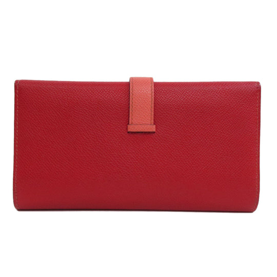 HERMES Long Wallet Purse Epsom Red Bearn 2PLIS SilverMetal Women Used Authentic