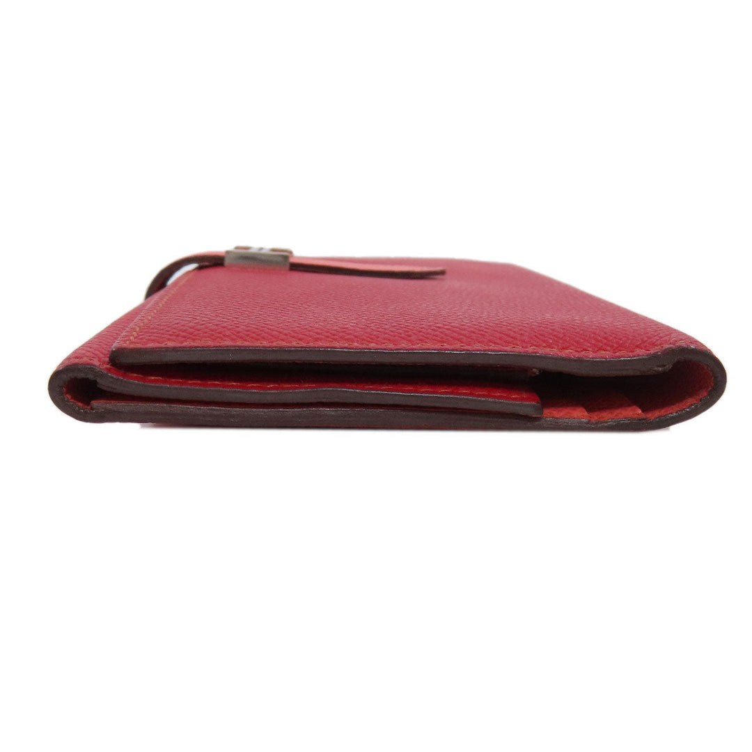 HERMES Long Wallet Purse Epsom Red Bearn 2PLIS SilverMetal Women Used Authentic