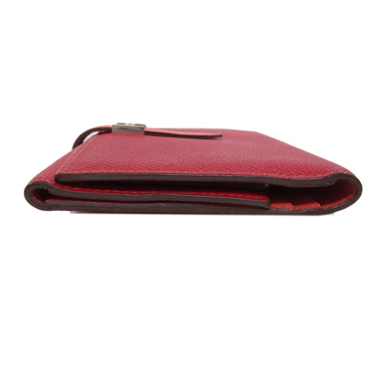 HERMES Long Wallet Purse Epsom Red Bearn 2PLIS SilverMetal Women Used Authentic