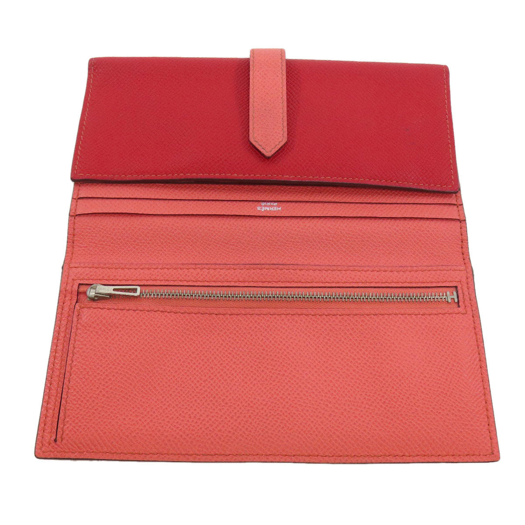HERMES Long Wallet Purse Epsom Red Bearn 2PLIS SilverMetal Women Used Authentic