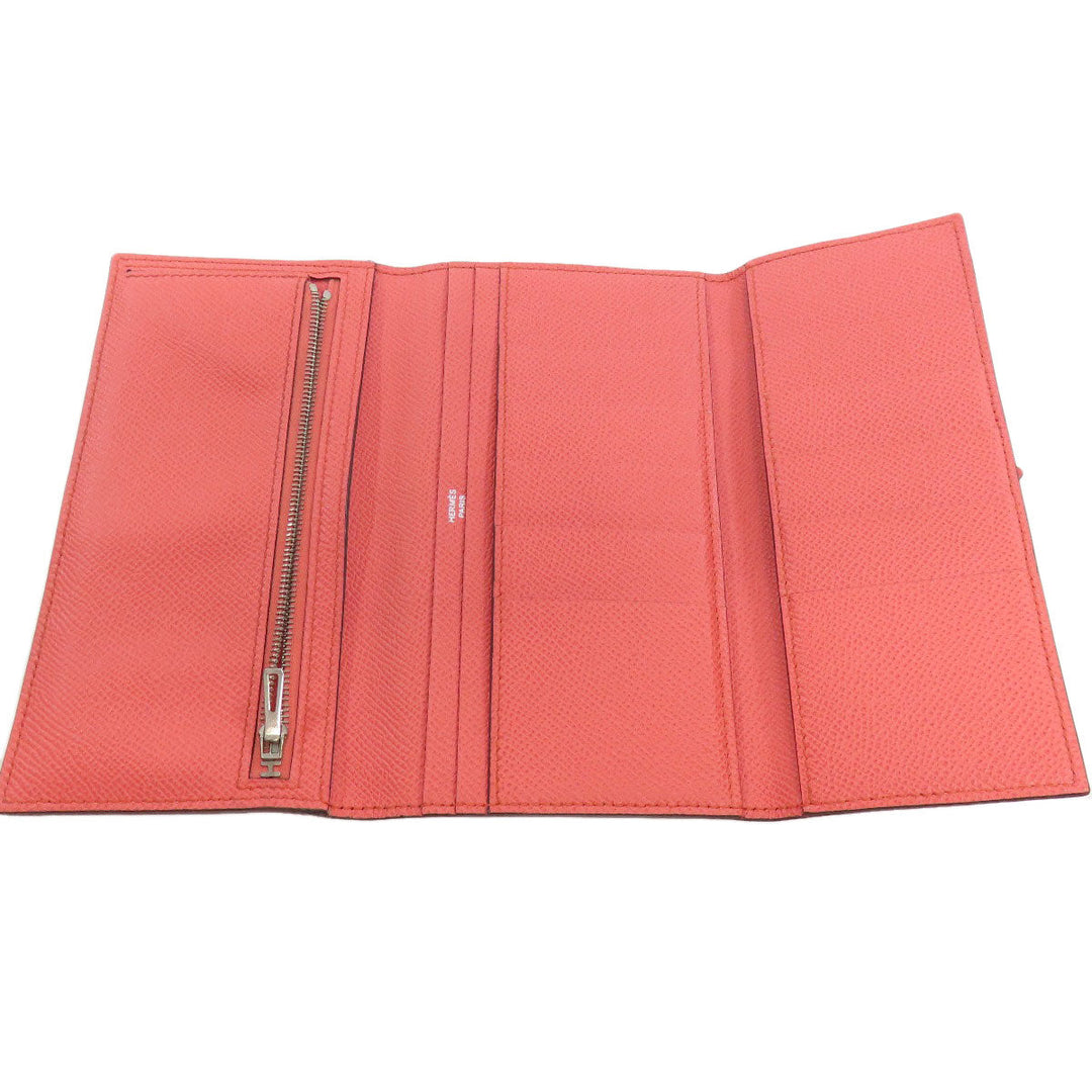 HERMES Long Wallet Purse Epsom Red Bearn 2PLIS SilverMetal Women Used Authentic