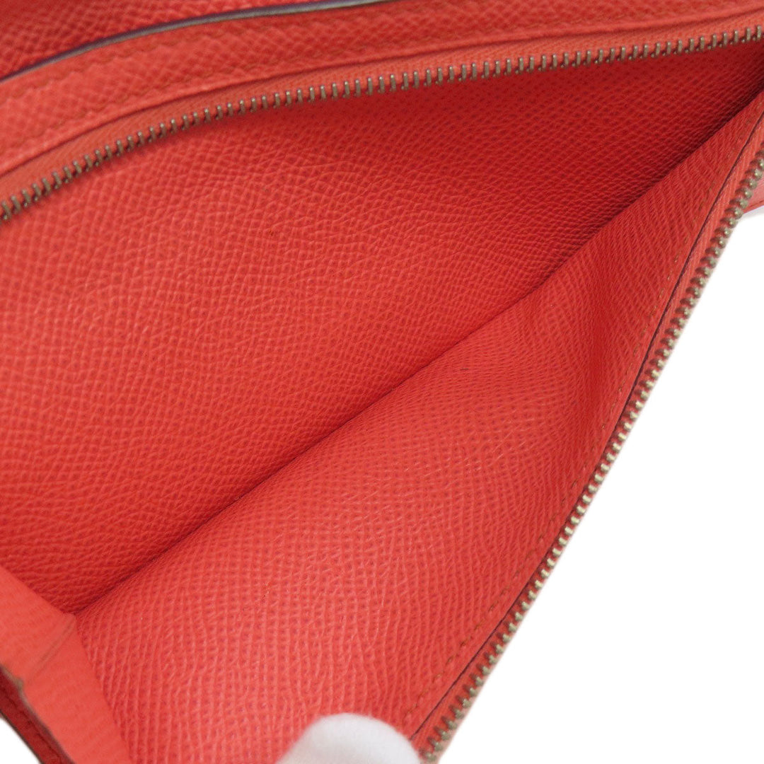 HERMES Long Wallet Purse Epsom Red Bearn 2PLIS SilverMetal Women Used Authentic