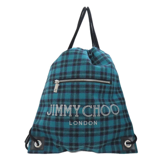 JIMMY CHOO Backpack canvas green Knapsack Check Pattern Logo Studs Women Used Authentic