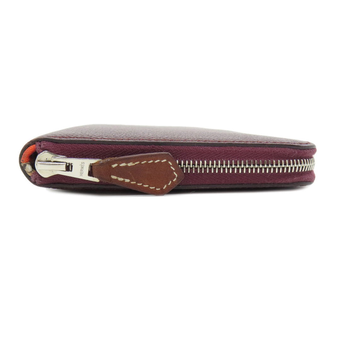 HERMES Long Wallet Purse Epsom wine-red Azap Silkin Silver Metal Women Used Authentic