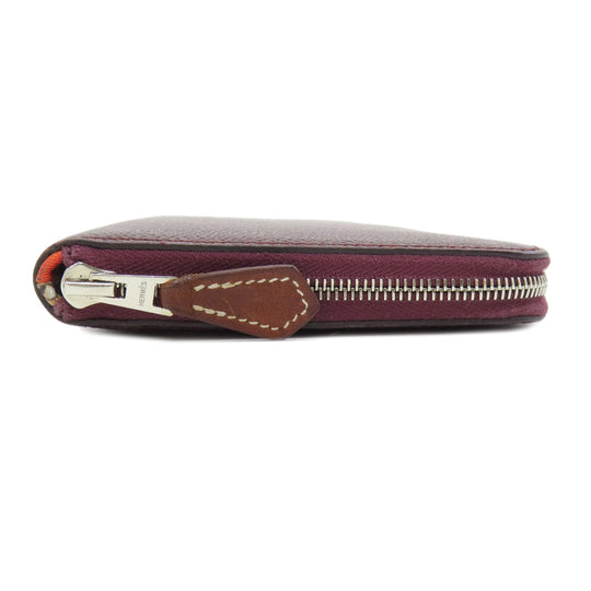 HERMES Long Wallet Purse Epsom wine-red Azap Silkin Silver Metal Women Used Authentic
