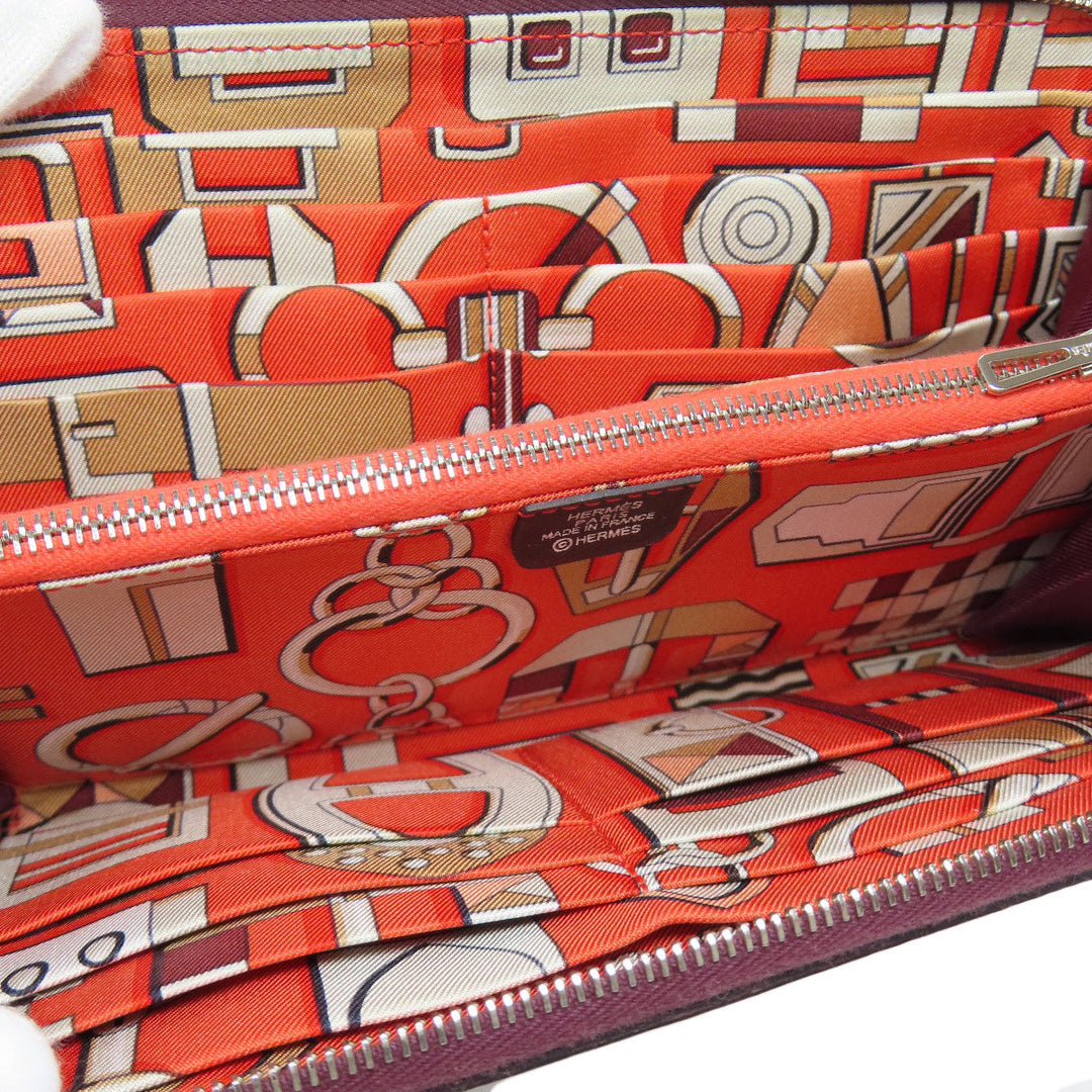 HERMES Long Wallet Purse Epsom wine-red Azap Silkin Silver Metal Women Used Authentic
