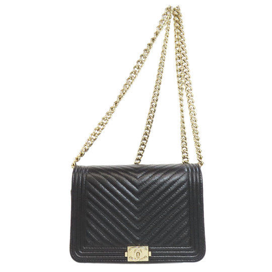 CHANEL Long Wallet Purse Grained Calfskin Skin black Chain Wallet Boy Chanel Gold Metal