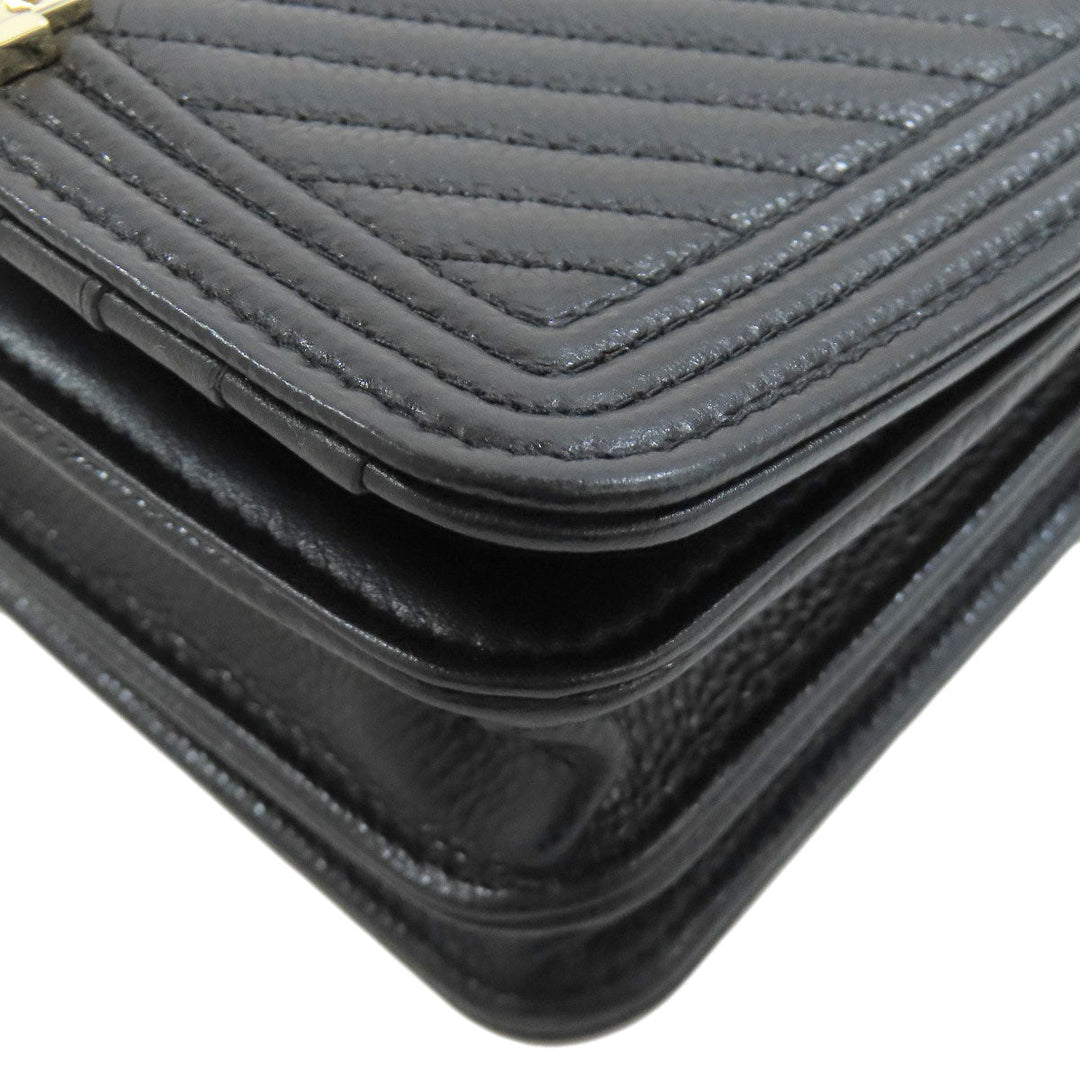 CHANEL Long Wallet Purse Grained Calfskin Skin black Chain Wallet Boy Chanel Gold Metal