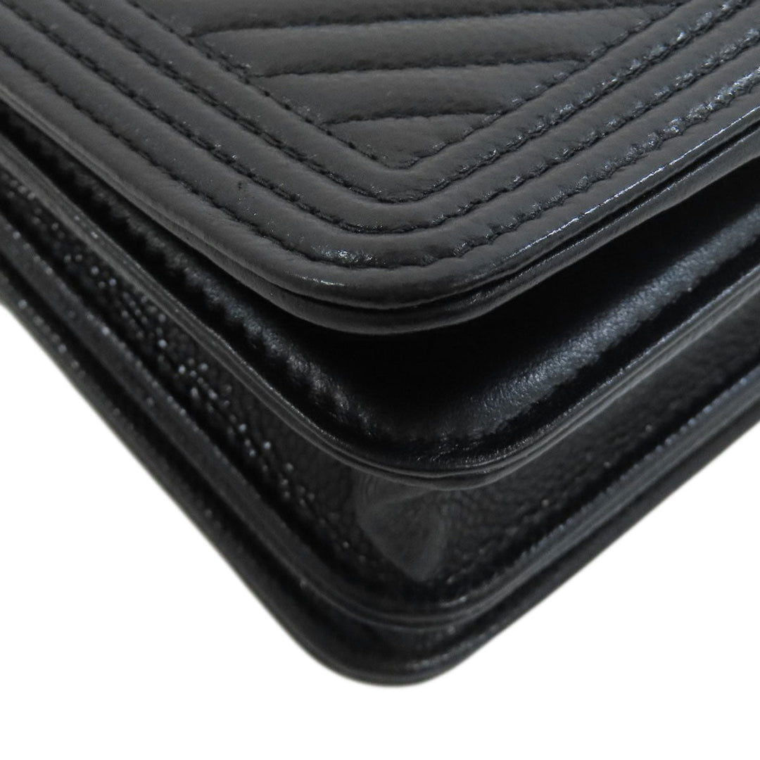 CHANEL Long Wallet Purse Grained Calfskin Skin black Chain Wallet Boy Chanel Gold Metal