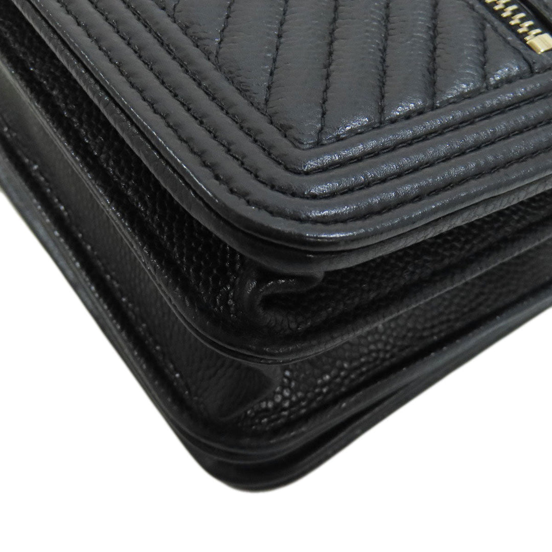 CHANEL Long Wallet Purse Grained Calfskin Skin black Chain Wallet Boy Chanel Gold Metal