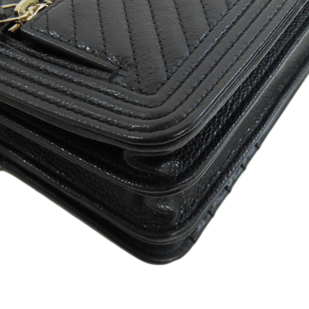 CHANEL Long Wallet Purse Grained Calfskin Skin black Chain Wallet Boy Chanel Gold Metal
