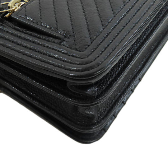 CHANEL Long Wallet Purse Grained Calfskin Skin black Chain Wallet Boy Chanel Gold Metal
