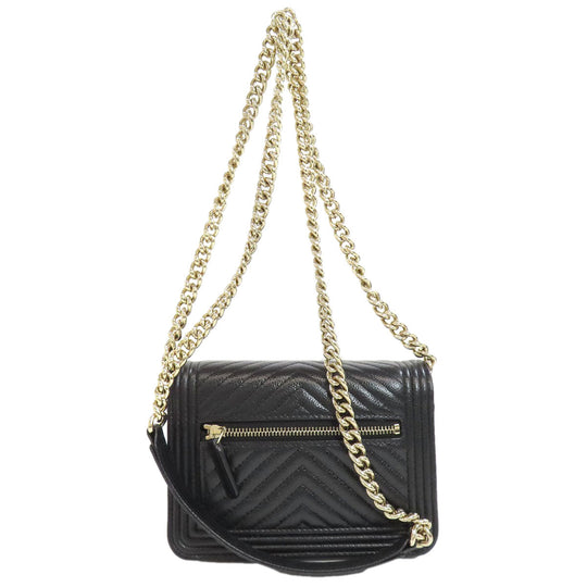 CHANEL Long Wallet Purse Grained Calfskin Skin black Chain Wallet Boy Chanel Gold Metal