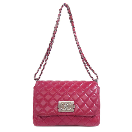 CHANEL Shoulder Bag Calfskin Red ChainShoulder Boy Chanel SilverMetal Women Used Authentic