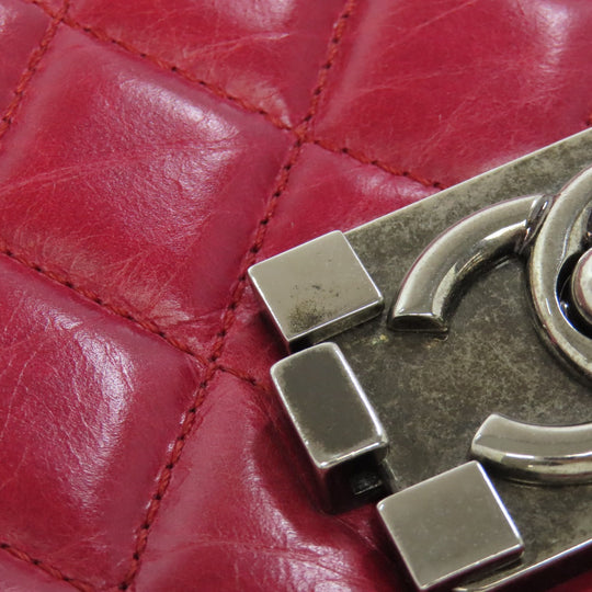 CHANEL Shoulder Bag Calfskin Red ChainShoulder Boy Chanel SilverMetal Women Used Authentic