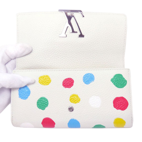 LOUIS VUITTON Long Wallet Purse M81890 Taurillon Clemence Leather white Portefeuille Capucines collaboration with Yayoi Kusama Women Used Authentic