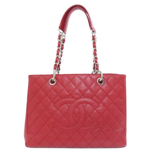 CHANEL Tote Bag Caviar skin Red GST Tote Matelasse SilverMetal Women Used Authentic