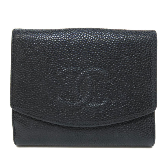 CHANEL Bifold Wallet Caviar skin black COCO Mark W Hook Wallet Gold Metal Women Used Authentic