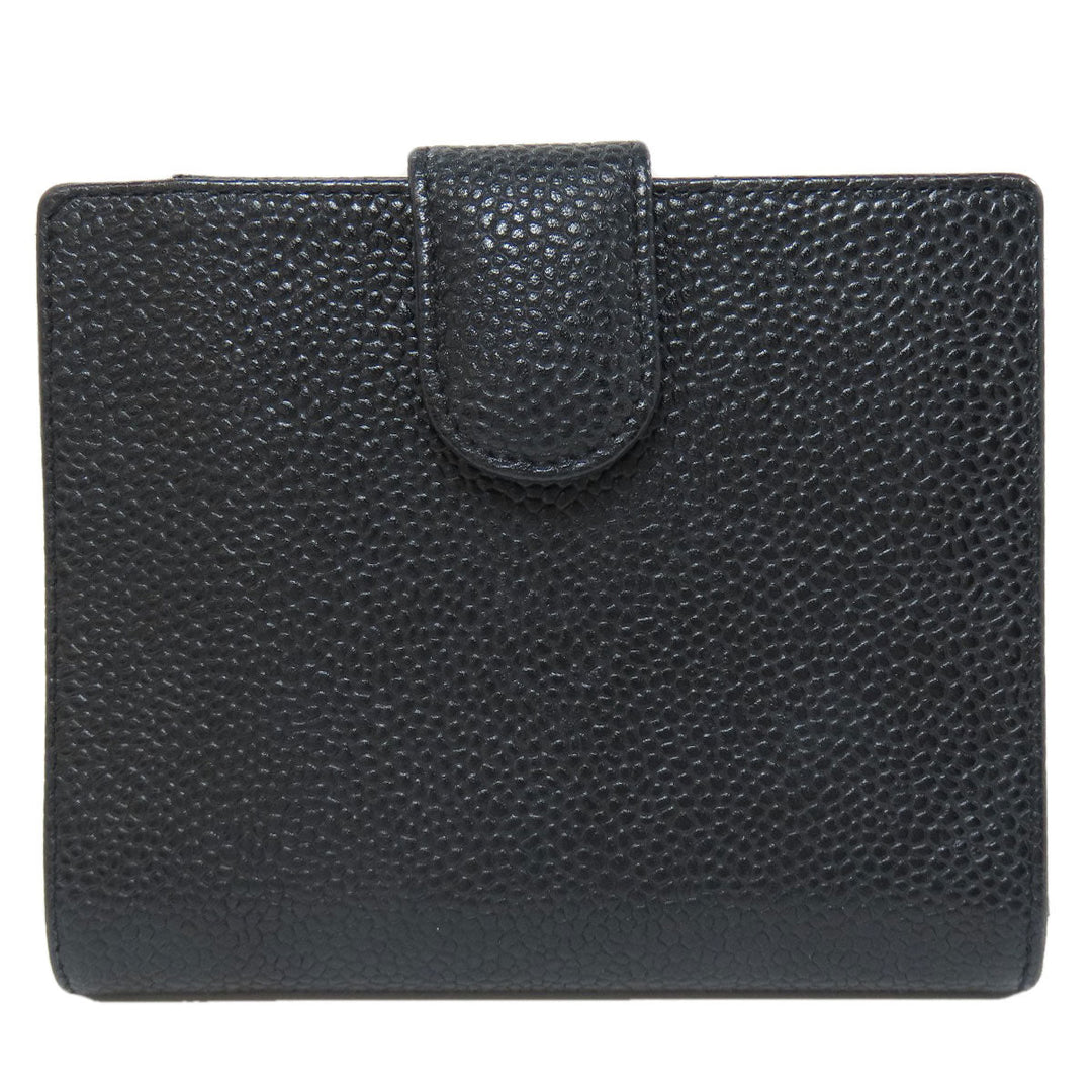 CHANEL Bifold Wallet Caviar skin black COCO Mark W Hook Wallet Gold Metal Women Used Authentic