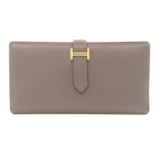 HERMES Long Wallet Purse Epsom gray Bearn Soufflet Ethan Gold Metal Women Used Authentic