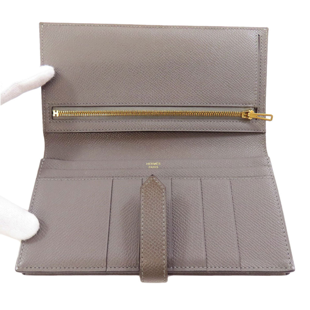 HERMES Long Wallet Purse Epsom gray Bearn Soufflet Ethan Gold Metal Women Used Authentic