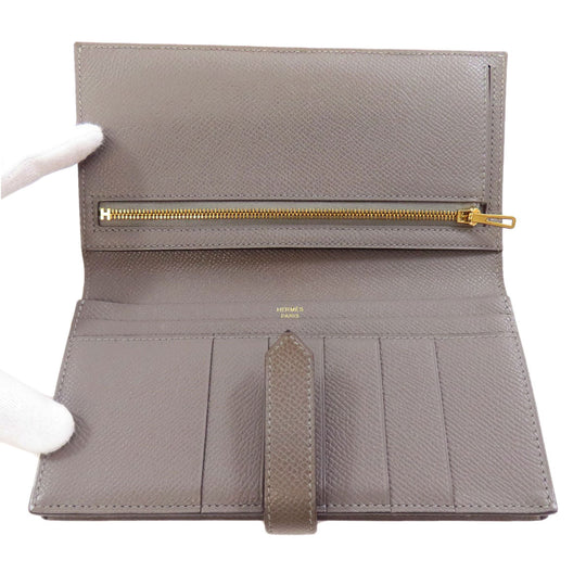 HERMES Long Wallet Purse Epsom gray Bearn Soufflet Ethan Gold Metal Women Used Authentic
